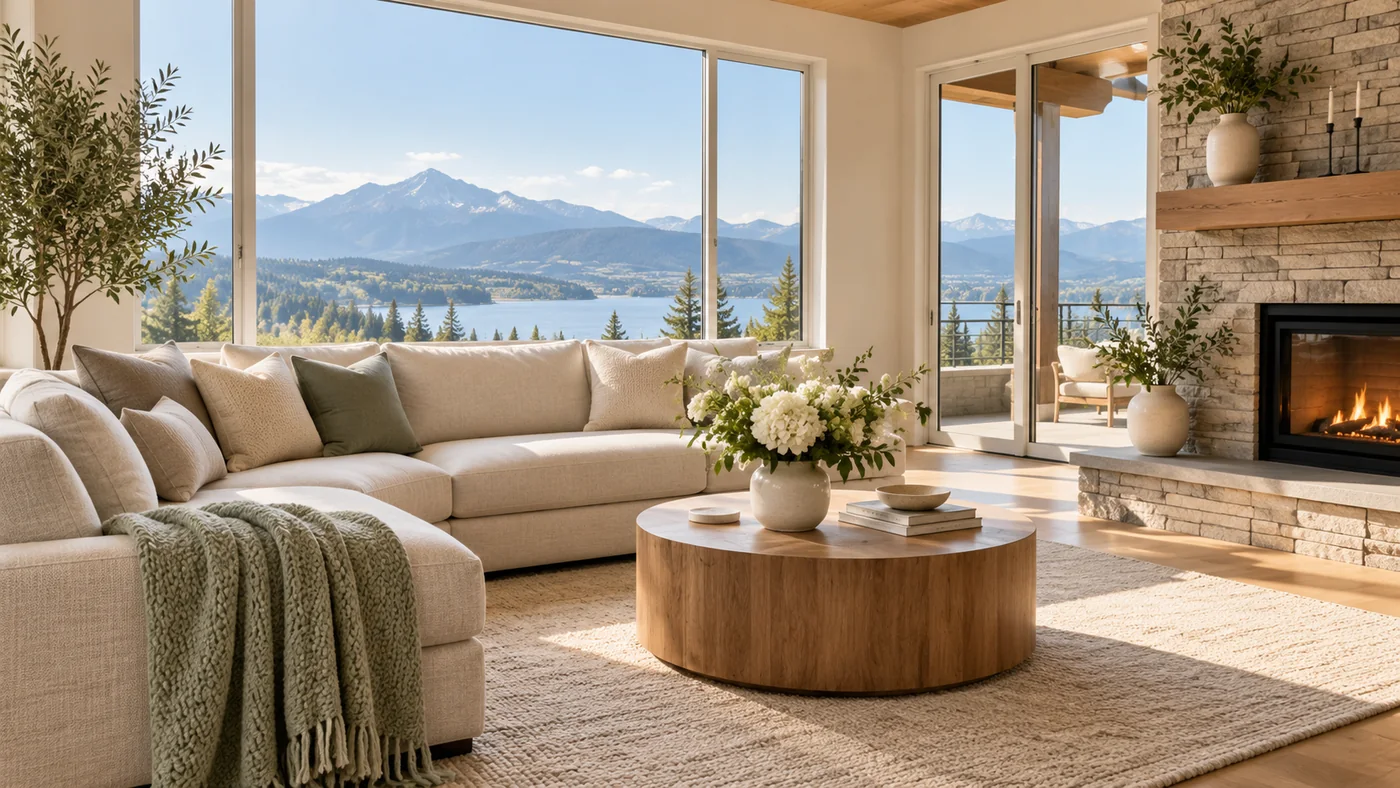 Bright living room with a neutral sofa, a wooden coffee table and mountain views